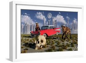 Sabre-Toothed Tigers Find a 1950's American Chevrolet and Signs of Civilization-null-Framed Art Print