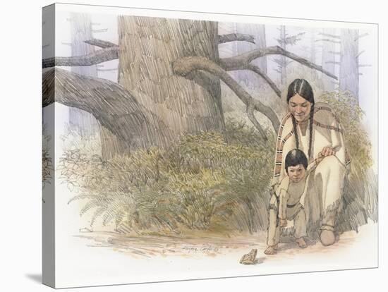 Sacagawea and Her Son are Kneeling Down, Looking at a Large Frog or Toad-Roger Cooke-Stretched Canvas