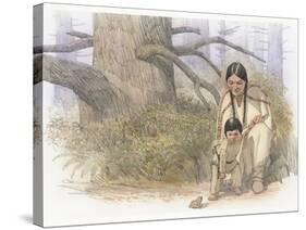 Sacagawea and Her Son are Kneeling Down, Looking at a Large Frog or Toad-Roger Cooke-Stretched Canvas