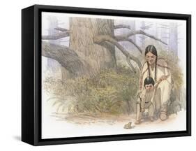 Sacagawea and Her Son are Kneeling Down, Looking at a Large Frog or Toad-Roger Cooke-Framed Stretched Canvas