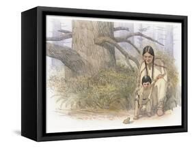 Sacagawea and Her Son are Kneeling Down, Looking at a Large Frog or Toad-Roger Cooke-Framed Stretched Canvas