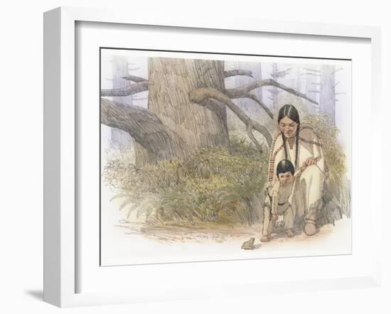 Sacagawea and Her Son are Kneeling Down, Looking at a Large Frog or Toad-Roger Cooke-Framed Giclee Print