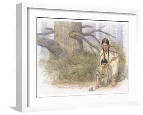 Sacagawea and Her Son are Kneeling Down, Looking at a Large Frog or Toad-Roger Cooke-Framed Giclee Print