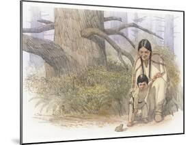 Sacagawea and Her Son are Kneeling Down, Looking at a Large Frog or Toad-Roger Cooke-Mounted Giclee Print