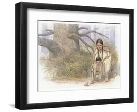 Sacagawea and Her Son are Kneeling Down, Looking at a Large Frog or Toad-Roger Cooke-Framed Giclee Print