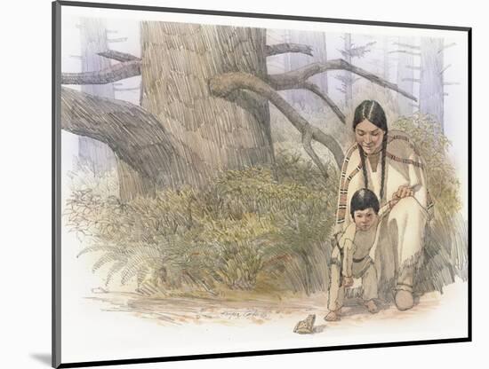 Sacagawea and Her Son are Kneeling Down, Looking at a Large Frog or Toad-Roger Cooke-Mounted Giclee Print