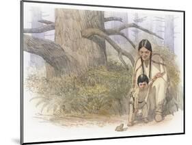 Sacagawea and Her Son are Kneeling Down, Looking at a Large Frog or Toad-Roger Cooke-Mounted Giclee Print