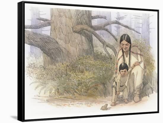 Sacagawea and Her Son are Kneeling Down, Looking at a Large Frog or Toad-Roger Cooke-Framed Stretched Canvas