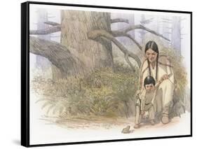 Sacagawea and Her Son are Kneeling Down, Looking at a Large Frog or Toad-Roger Cooke-Framed Stretched Canvas