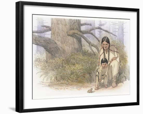 Sacagawea and Her Son are Kneeling Down, Looking at a Large Frog or Toad-Roger Cooke-Framed Giclee Print