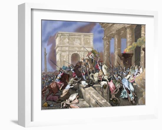 Sack of Rome by the Visigoths Led by Alaric I in 410. Colored Engraving.-Tarker-Framed Giclee Print
