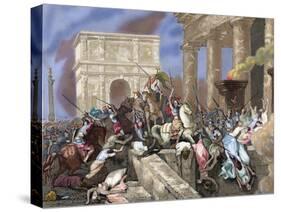 Sack of Rome by the Visigoths Led by Alaric I in 410. Colored Engraving.-Tarker-Stretched Canvas