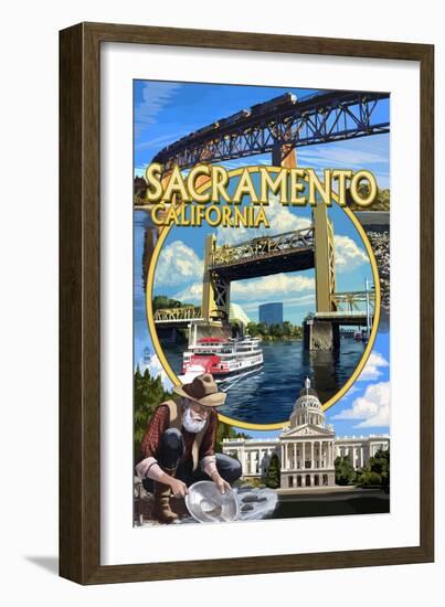 Sacramento, California - Montage-Lantern Press-Framed Art Print