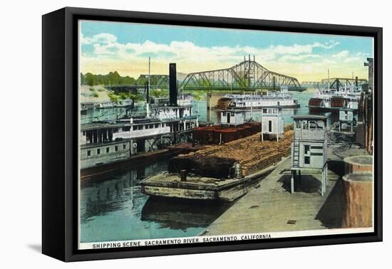 Sacramento, California - Sacramento River Shipping Scene-Lantern Press-Framed Stretched Canvas