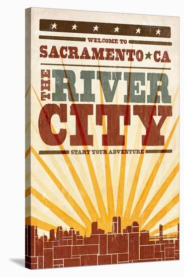 Sacramento, California - Skyline and Sunburst Screenprint Style-Lantern Press-Stretched Canvas