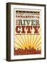 Sacramento, California - Skyline and Sunburst Screenprint Style-Lantern Press-Framed Art Print