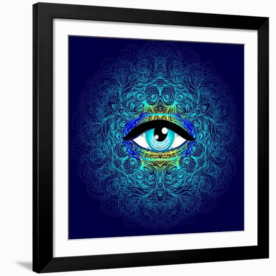 Sacred Geometry Symbol with All Seeing Eye in Acid Colors. Mystic, Alchemy, Occult Concept. Design-Gorbash Varvara-Framed Art Print