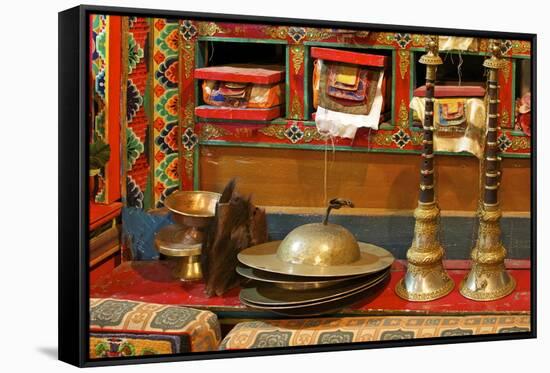 Sacred Texts, Horns Cignil (Cymbals) and Yeti Scalp, Namche Monastery, Namche Bazaar, Nepal, Asia-Peter Barritt-Framed Stretched Canvas