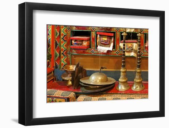 Sacred Texts, Horns Cignil (Cymbals) and Yeti Scalp, Namche Monastery, Namche Bazaar, Nepal, Asia-Peter Barritt-Framed Photographic Print