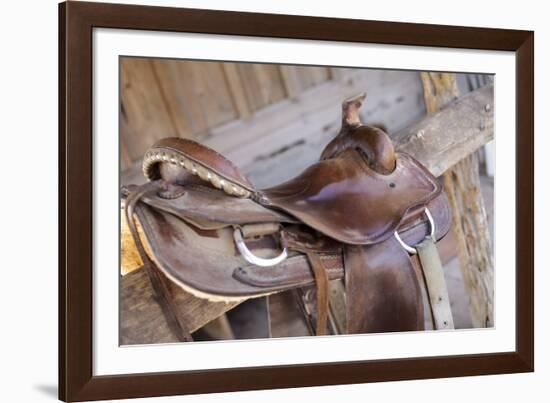 Saddle resting on the railing, Tucson, Arizona, USA.-Julien McRoberts-Framed Photographic Print