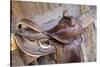 Saddle resting on the railing, Tucson, Arizona, USA.-Julien McRoberts-Stretched Canvas