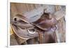 Saddle resting on the railing, Tucson, Arizona, USA.-Julien McRoberts-Framed Photographic Print