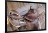 Saddle resting on the railing, Tucson, Arizona, USA.-Julien McRoberts-Framed Photographic Print