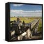 Safari Vehicle Crossing Bridge-Michele Westmorland-Framed Stretched Canvas