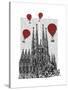 Sagrada Familia and Red Hot Air Balloons-Fab Funky-Stretched Canvas