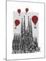 Sagrada Familia and Red Hot Air Balloons-Fab Funky-Mounted Art Print