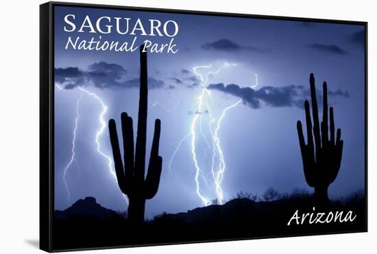 Saguaro National Park, Arizona - Lightning at Night-Lantern Press-Framed Stretched Canvas