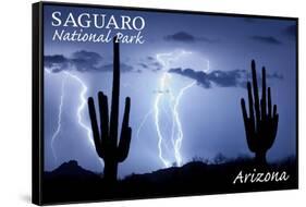 Saguaro National Park, Arizona - Lightning at Night-Lantern Press-Framed Stretched Canvas