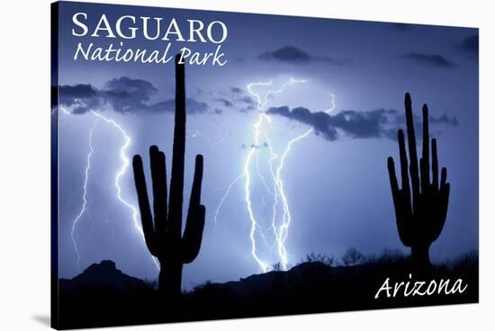 Saguaro National Park, Arizona - Lightning at Night-Lantern Press-Stretched Canvas