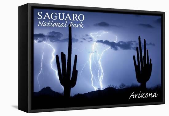 Saguaro National Park, Arizona - Lightning at Night-Lantern Press-Framed Stretched Canvas