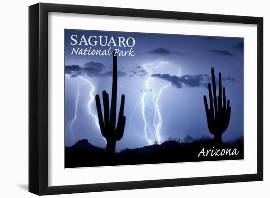 Saguaro National Park, Arizona - Lightning at Night-Lantern Press-Framed Art Print