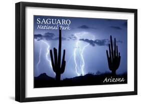 Saguaro National Park, Arizona - Lightning at Night-Lantern Press-Framed Art Print