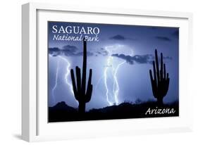 Saguaro National Park, Arizona - Lightning at Night-Lantern Press-Framed Art Print