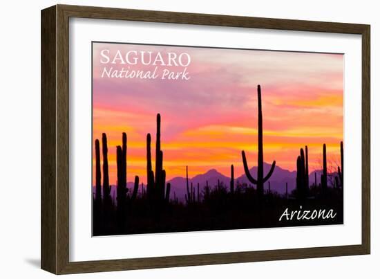 Saguaro National Park, Arizona - Orange and Pink Sunset-Lantern Press-Framed Art Print