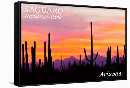 Saguaro National Park, Arizona - Orange and Pink Sunset-Lantern Press-Framed Stretched Canvas