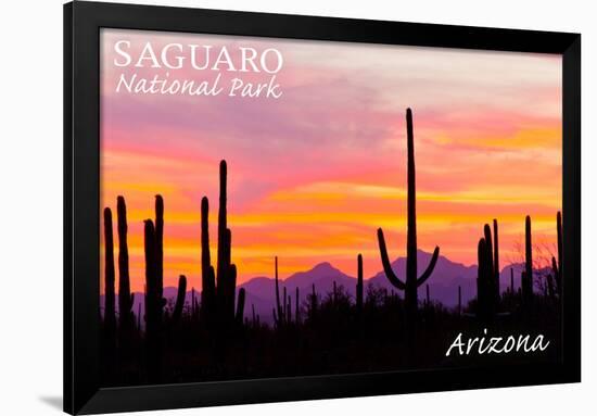 Saguaro National Park, Arizona - Orange and Pink Sunset-Lantern Press-Framed Art Print