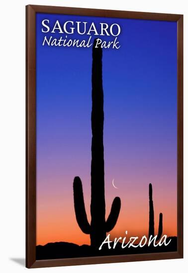 Saguaro National Park, Arizona - Sunset and Moon Crescent-Lantern Press-Framed Art Print