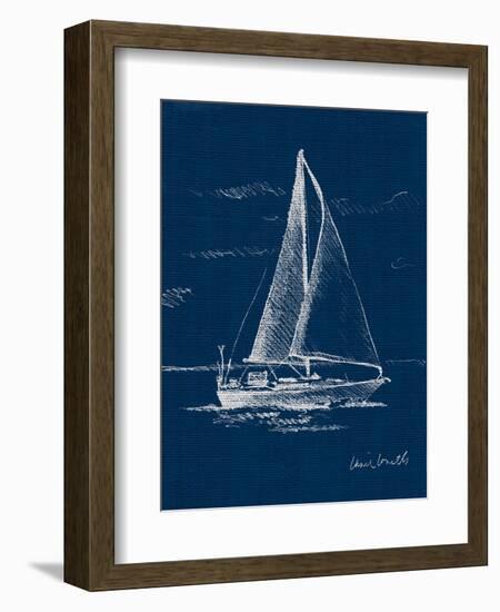 Sail Boat on Blue Burlap I-Lanie Loreth-Framed Art Print