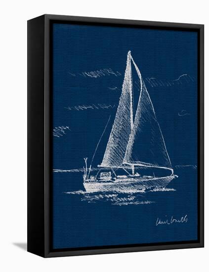 Sail Boat on Blue Burlap I-Lanie Loreth-Framed Stretched Canvas