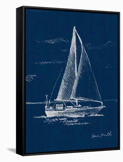 Sail Boat on Blue Burlap I-Lanie Loreth-Framed Stretched Canvas