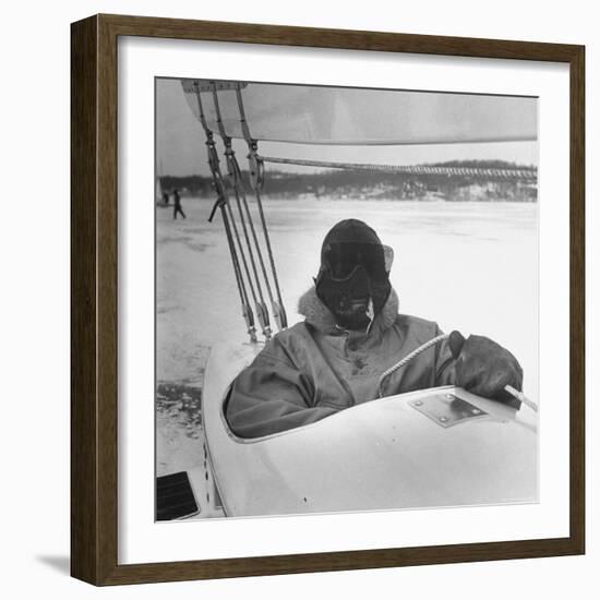 Sail Maker Howard Boston Sitting in His Craft at Northwest Ice Yacht Regatta-George Skadding-Framed Photographic Print