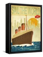Sail The World - Vintage Poster With Ocean-Liner And Cityscape-LanaN.-Framed Stretched Canvas