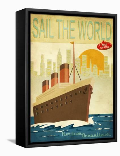 Sail The World - Vintage Poster With Ocean-Liner And Cityscape-LanaN.-Framed Stretched Canvas