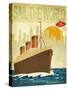 Sail The World - Vintage Poster With Ocean-Liner And Cityscape-LanaN.-Stretched Canvas