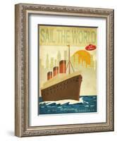 Sail The World - Vintage Poster With Ocean-Liner And Cityscape-LanaN.-Framed Art Print