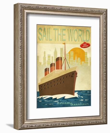 Sail The World - Vintage Poster With Ocean-Liner And Cityscape-LanaN.-Framed Art Print